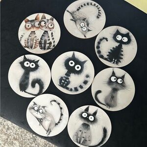 Set of 8 Whimsical Cat Coasters - Black & White
